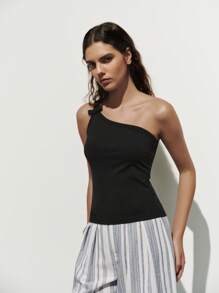 Lumivelle Women's Bow Decor Oblique Shoulder Black Asymmetrical Top - Black - View 5
