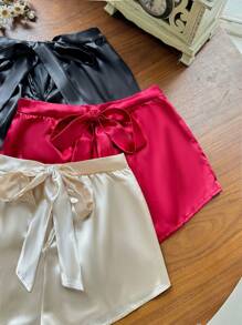 SilkySpell Set de 3 piezas de pantalones de pijama de satén con decoración de lazo en la parte trasera