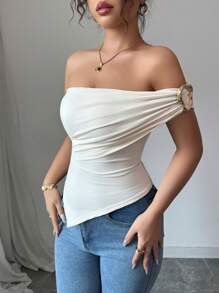 Rafferiza 女士优雅不对称下摆装饰单肩衬衫，夏季 - 杏色 - 查看 5