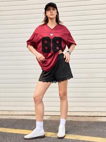 Streetz SHEIN Sport Women's Casual Sport-Inspired Elastic Waist Side Stripe Contrast Contrast Lace Shorts - Black - View 5