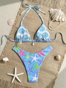 Swim Mod 2pcs Summer Holiday Random Prints Ribbed Texture Seashell Decor Triangle Top And High Cut Bottoms Sexy Bikini Set