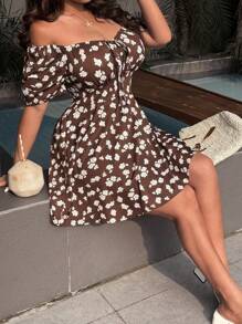Sunnyshic Plus Size Women's Off Shoulder Ditsy Floral A-Line Dress, Vacation - Brown - View 3