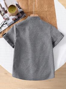 SHEIN 1 件青少年男孩立领绅士风格纯蓝色百搭休闲短袖衬衫，春夏 - 灰色 - 查看 2