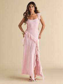 SHEIN BAE 女士细肩带荷叶边领性感露背高开衩长裙，优雅适合约会、宴会、派对、生日、伴娘、夏季 - 粉色 - 查看 1