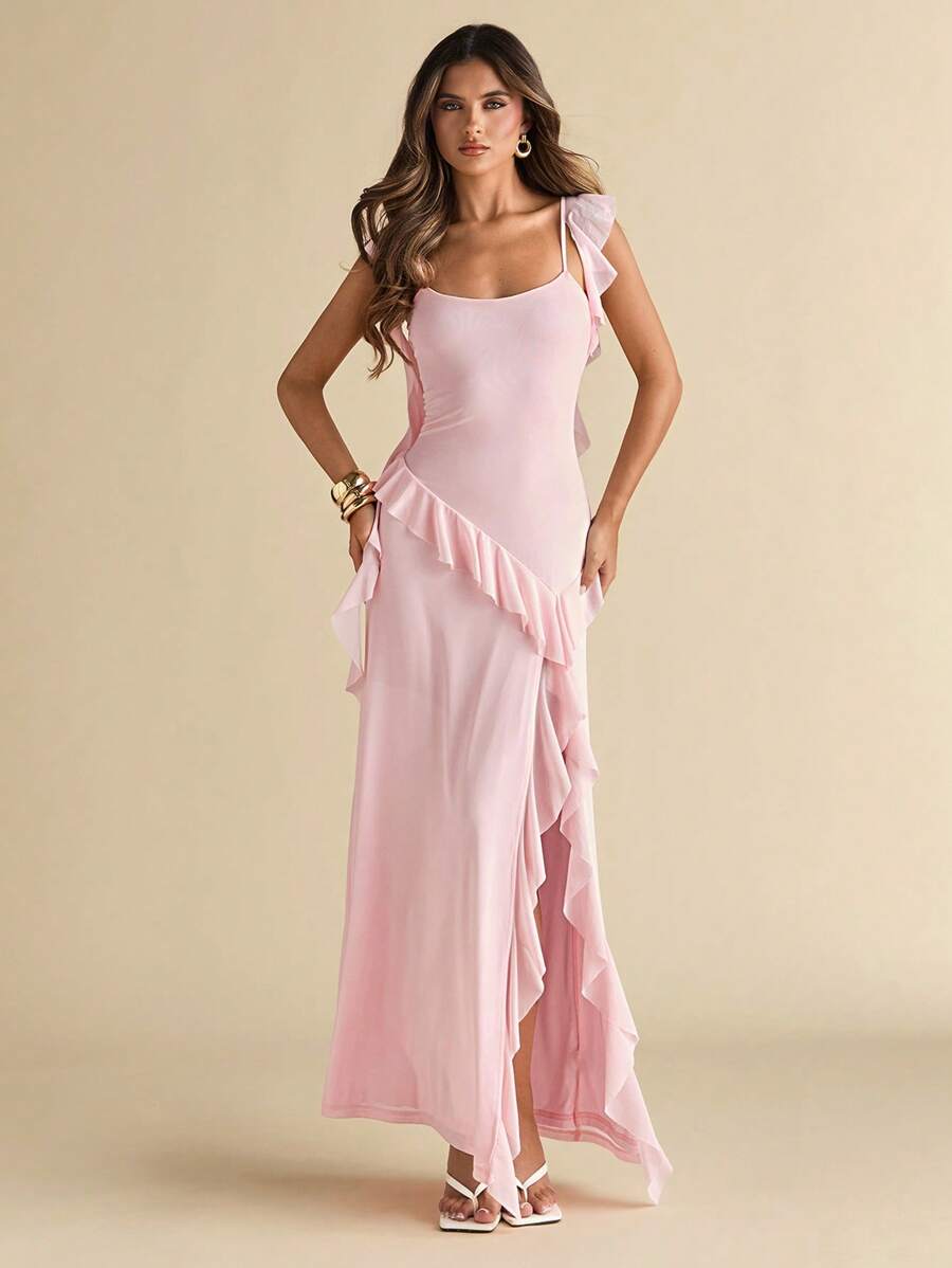 SHEIN BAE 女士细肩带荷叶边领性感露背高开衩长裙，优雅适合约会、宴会、派对、生日、伴娘、夏季 - 粉色 - 查看 1