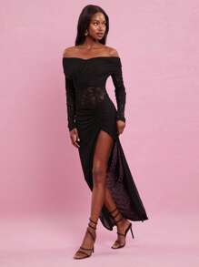 NYA SZN 露肩蕾丝高开叉长裙性感鸡尾酒会优雅复古夏季婚礼宾客特殊场合新娘晚宴舞会服装女士 - 黑色 - 查看 4