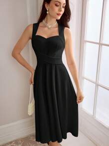 Vintamour Vestido de fiesta de graduación de línea A con cuello cruzado, elegante negro sin mangas y corazón vintage para mujer, vestido de regreso a casa de otoño - Negro - Ver 5
