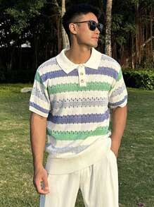 DAZY Men's Three-Quarter Button Up Striped Knit Summer Vacation Beach Blouse - Multicolor - View 5