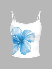 Top canotta con stampa floreale ad acquerello blu, casual, adatto per festival musicali, vacanze al mare, adolescenti durante l'estate