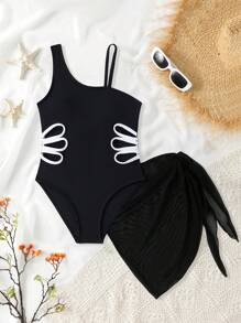 SHEIN Traje de baño de una pieza negro elegante con diseño calado de malla y falda para niñas preadolescentes, conjunto de traje de baño de dos piezas para vacaciones de niños mayores - Negro - Ver 1