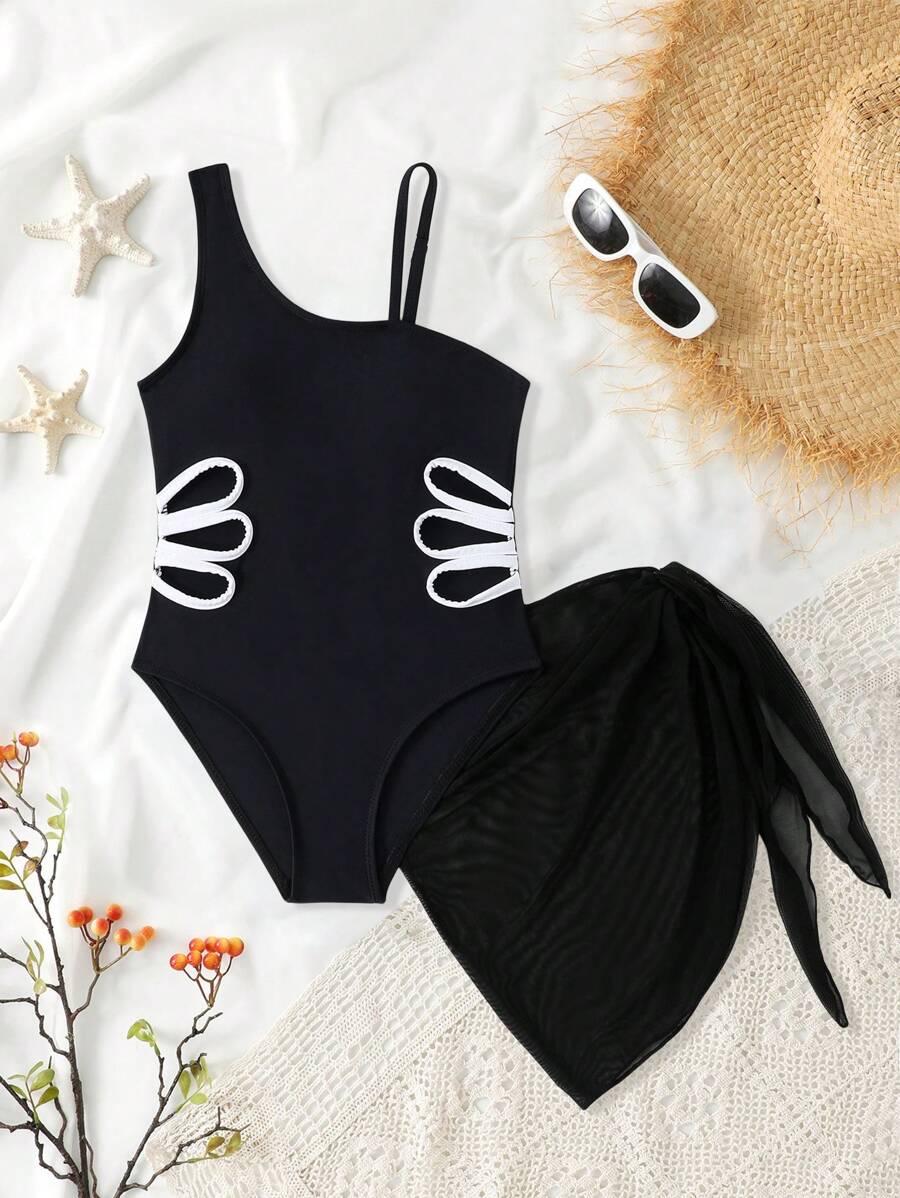 SHEIN Traje de baño de una pieza negro elegante con diseño calado de malla y falda para niñas preadolescentes, conjunto de traje de baño de dos piezas para vacaciones de niños mayores - Negro - Ver 1