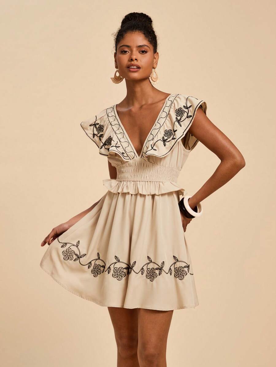 Travachic Women's Simple Print Deep V-Neck Mini Dress - Apricot - View 1