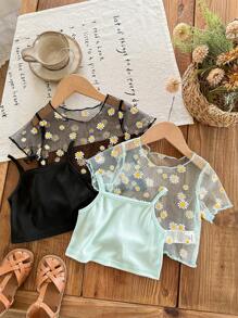 SHEIN LMoss Kids 4件套 Babygirl 可爱花朵网眼短袖上衣和吊带背心 - 彩色 - 查看 7