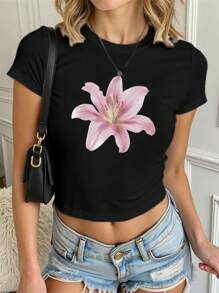 SHEIN Tween Girls' Fashion Lily Flower Print Tight Cropped Top, Casual Style Summer Tops - Black - View 3