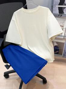 SHEIN 2 件套青少年男童休闲短袖短裤套装，街头朋克摇滚学院风，适合日常、派对、音乐节、春夏季、青少年服装，绿色和卡其色，图案印花 - 寶藍色 - 查看 2