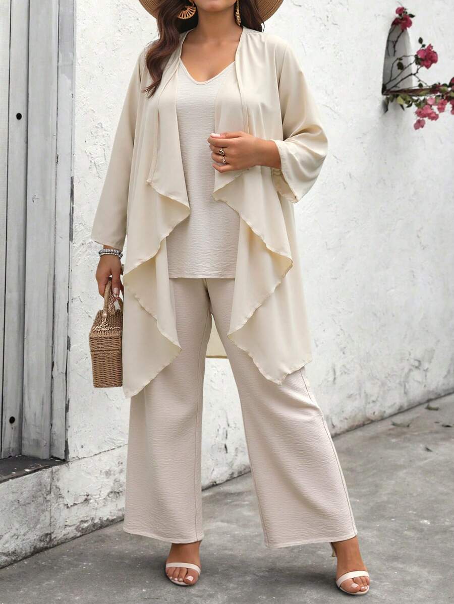 EMERY ROSE Plus Size Women Solid Color Elegant Short Sleeve 2-Piece Set, For Party And Everyday Wear - Apricot - View 1