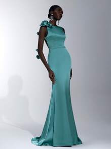 Elitara Elegante abito da donna verde oliva in raso, minimalista, con spalle scoperte, decorazioni floreali, frange, taglio a sirena e schiena scoperta, adatto per appuntamenti, vacanze, matrimoni, damigelle
