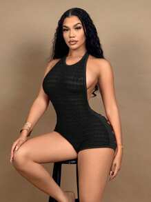 SHEIN SXY 女式纯色深 V 领露背系带镂空性感连体短裤 - 黑色 - 查看 5