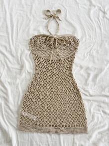 Soleia 全新设计沙滩装贝壳吊带镂空迷你针织连衣裙 - 卡其色 - 查看 2