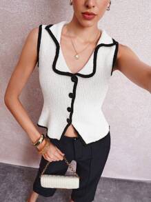 SHEIN Clasi Women Contrast Binding Knitted Button Front Sweater Vest - Black and White - View 5
