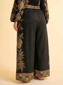 CAJUNI Plus Size Boho Vintage Resort Casual Ocean Print Loose Wide Leg Pants - Multicolor - View 2