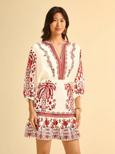 CAJUNI Women's Boho Tropical Holiday Plant Coconut Tree Red Print, Detachable Collar 3/4 Puffy Sleeve Mini Dress