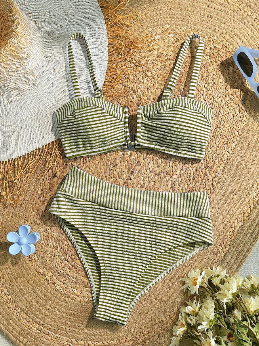 SHEIN VCAY 女士夏季沙滩条纹性感比基尼套装 - 軍綠色 - 查看 1