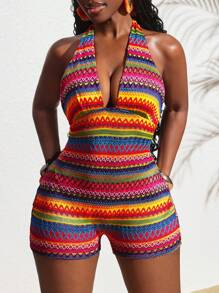 Slaydiva 2025 New Summer Women Casual Vacation Sexy Colorful Stripe Halter Backless Jumpsuit - Multicolor - View 6