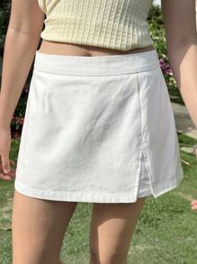 SHEIN EZwear 白色低腰休闲纯色女士开衩裙 - 白色 - 查看 3