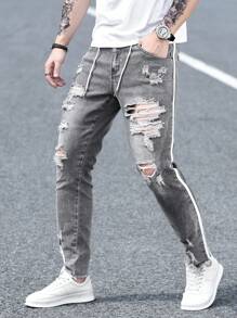 Manfinity Homme 男士时尚牛仔紧身休闲裤，适合夏季 - 淺灰色 - 查看 4