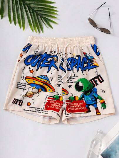 Manfinity Swimmode Men's Cartoon Alien & Ufo Print Casual Beach Shorts,Beige Summer Outdoor Sports Swim Trunks,Holiday Hawaiian Anime Swimwear,Beach Casual Beachwear