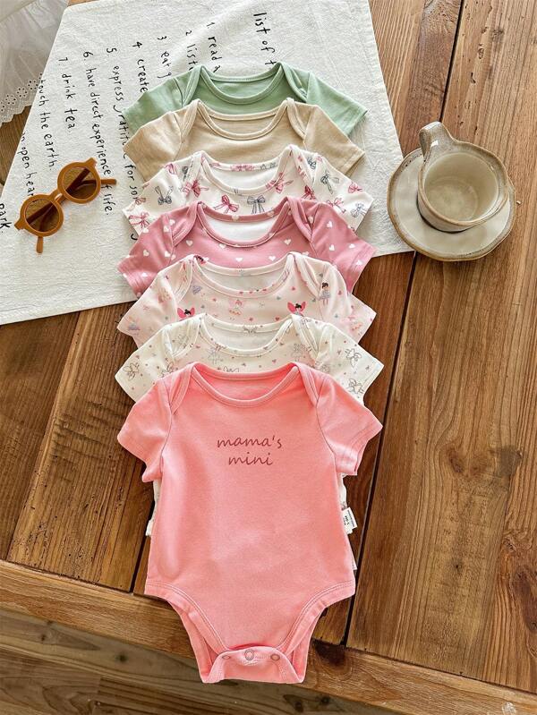 SHEIN LMoss Kids 7pcs/Set Newborn Baby Girl Summer Cute Cartoon Pattern Knitted Short Sleeve Romper Set