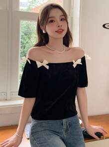 Dazy X KIMYOUJUNG Women Color Blocking Butterfly Decorated Off-Shoulder Short Sleeve Crop Top For Summer,Off Shoulder Top - Black - View 8