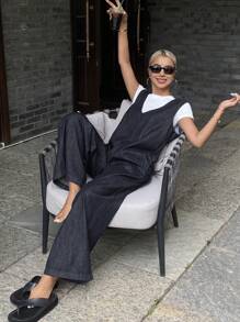 DAZY 女式深V领牛仔背带裤，休闲街头风格连体裤