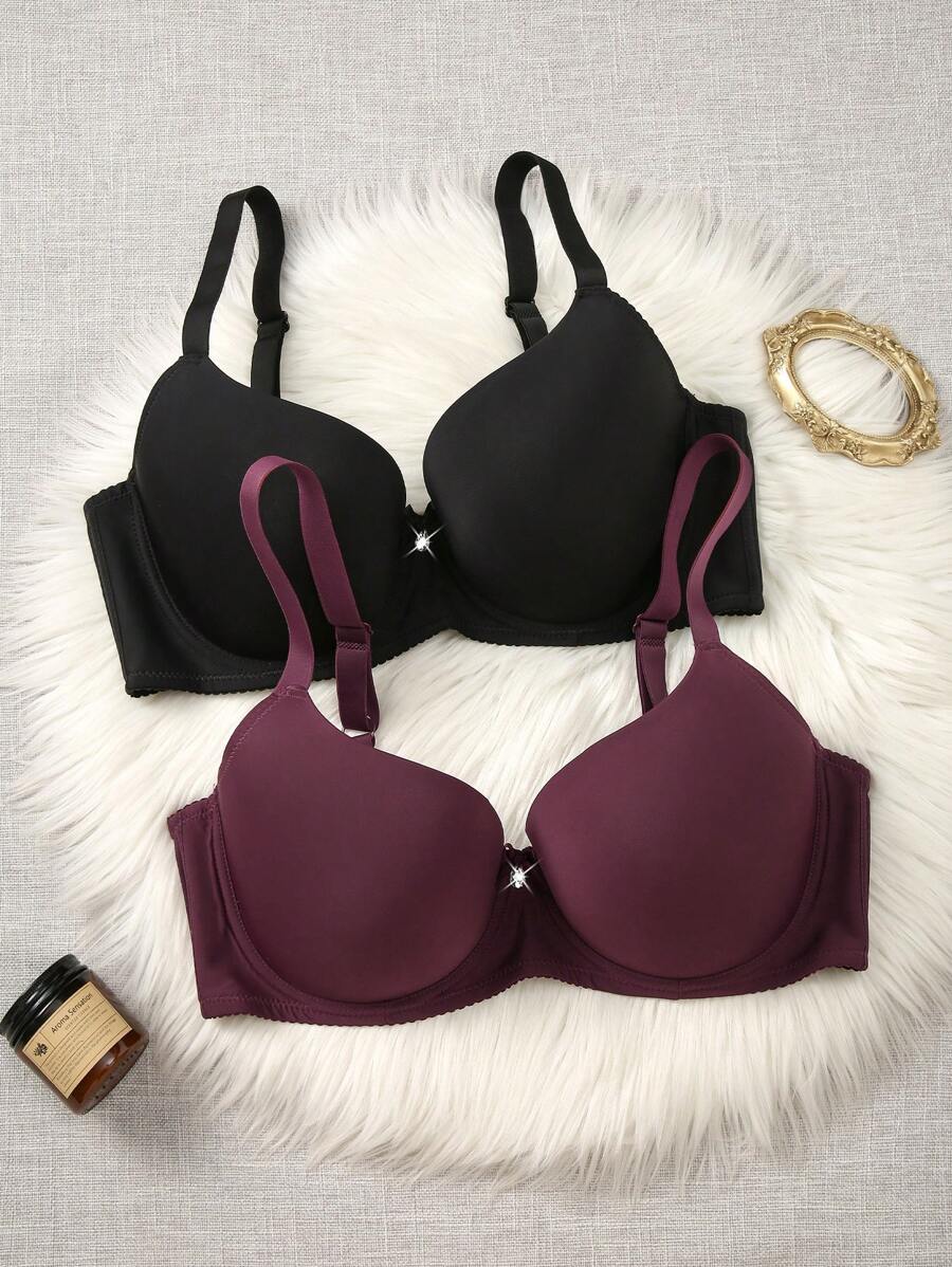 2 件大码女士纯色钢圈文胸套装，提升型 - 彩色 - 查看 1