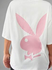 Missguided x Playboy 经典兔子标志 T 恤自 1953 年以来图案超大棉质 T 恤超柔软街头短袖休闲家居服运动休闲 - 白色 - 查看 4