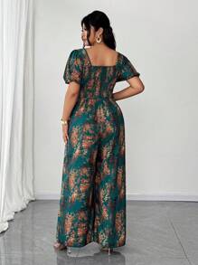 Elenzga Bộ đồ liền thân ống rộng họa tiết hoa xinh xắn dành cho nữ cỡ lớn, tay bồng, đi nghỉ mát - Màu xanh lá cây đậm - Xem 7
