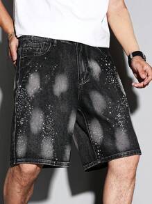 Manfinity Homme Pantalones cortos de mezclilla casuales holgados para hombres con bolsillos y rhinestones - Gris Oscuro - Ver 4