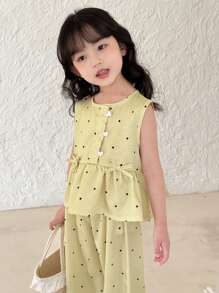 Genkimix Kids 2件套少女波点印花可爱短款上衣+宽松阔腿裤套装 - 綠色 - 查看 3