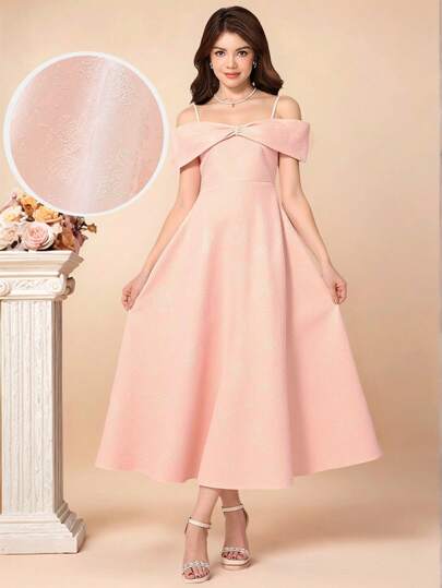 SHEIN Teengirl 粉色细肩带蝴蝶提花长裙，粉色提花礼服，合身，适合毕业典礼、婚礼