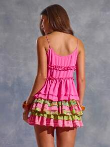 MUSERA Spaghetti Strap Frill Trim Detail Mesh Top Ibiza Y2k Cool Girl Festival Rave Vacation Club Cute Holiday Going Out Tops Party Fall Spring Summer - Pink - View 4