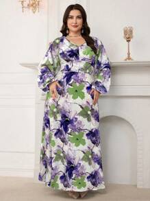 Modelyn 大码女式花卉印花灯笼袖优雅连衣裙，度假风格 - 彩色 - 查看 5