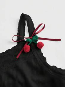 ROMWE Kawaii Plus Size Women's Casual Lustful Cherry Print Lace Splice Spaghetti Strap Cherry Decor Camisole - Black - View 3