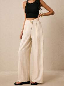 Poéselle Women's Striped Linen Trousers,Wide-Leg Pants With Metal Buckle,Elegant Old Money Style For Brown And Cream,Autumn,Holiday,Brunch,Commuting & Daily - Beige - View 7