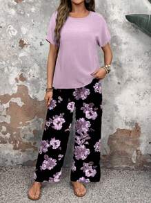 EMERY ROSE 2 pièces/set Femmes Ensemble assorti casual à motif floral, coupe slim, pour le printemps/été
