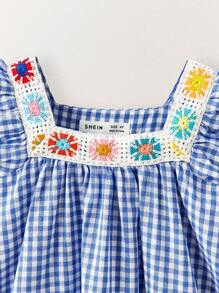 SHEIN Young Girls' Pastoral Plaid Crochet Embroidered Floral Ruffle Trim Cap Sleeve Dresses - Multicolor - View 12