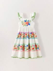 SHEIN Vestidos com Babados na Barra e Estampa Tropical para Meninas Jovens no Verão - Multicolorido - Visão 8