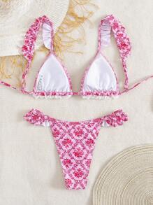Swim Mod 2pcs Floral Lace Trim Adjustable Tie Swimsuit Top & Ruffle Trim Swimsuit Bottom Pink Bikini Set, Summer Vacation - Pink - View 2
