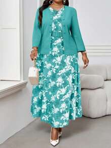 Fleurora 2 件大码女士商务抽象波浪印花简约圆领系带假日中长连衣裙套装外出服两件套服装 - 彩色 - 查看 5