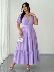 SHEIN Unity Plus Size Solid Color V-Neck Ruffle Puff Sleeve Patchwork Elegant Dress - Purple - View 2